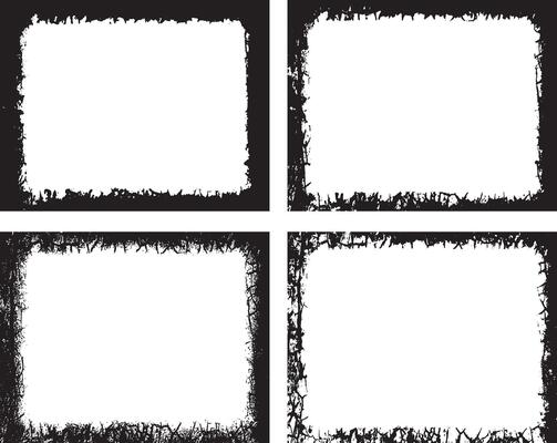 Dynamic Collection of Intricate Grunge Border Designs, Featuring Four Unique Rectangular Frames with Distressed Textures, Including Cracks, Splats,