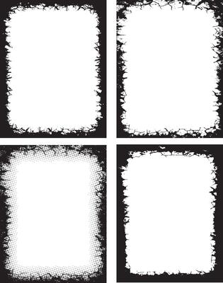 Intricately Distressed Grunge Frame Design Collection A Set of Four Unique, High-Contrast, Textured Borders for Artistic and Graphic Design Projects