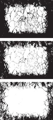 three black and white grunge frames with cracks, Three Collection of Edgy Grunge Frame Designs, Featuring Three Rectangular Frames with Intricate, Symmetrical Black Patterns and Abstract,
