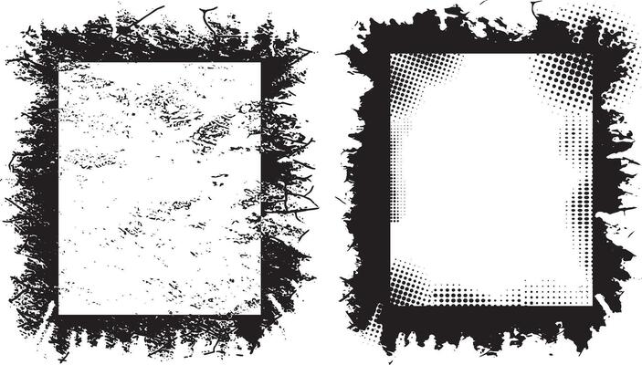 A set of Vintage Distressed Grunge Frame Design, Featuring Two Rectangular Frames with Black, Textured Borders and Irregular Edges for Artistic and Edgy Visual Projects