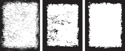 three black and white frames with a crack in them, Intricately Detailed Grunge Photo Frame set, Distressed Vertical Rectangular Borders with Organic Cracked Patterns for Edgy and Artistic Displays vector