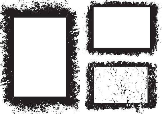 Three square frames with white paint on black background, Dynamic Collection of Edgy Grunge Frame Designs Featuring Three Rectangular Frames with Intricate, Symmetrical Black Patterns and Abstract,