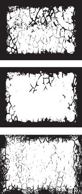 three black and white grunge frames with a white background, Grungy border set,