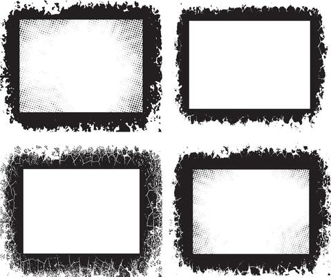 four black and white frames with grunge texture, Vintage Curated Set of Rustic Elegance grunge photo frame border with halftone dot texture, Four Distinct Grunge Photo Frames with Unique Textures