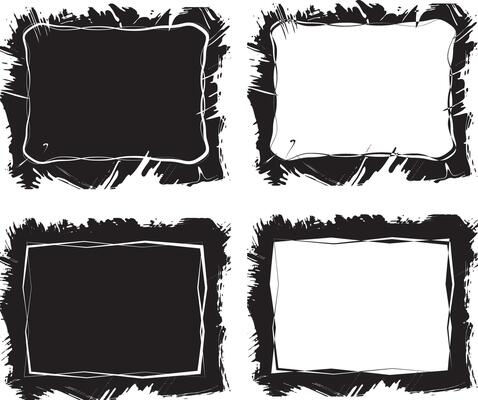 four black and white square frames with grunge texture, black and white color Dynamic and Edgy Grunge Frame Design Collection A Versatile Set of Four High-Contrast, Distressed Borders