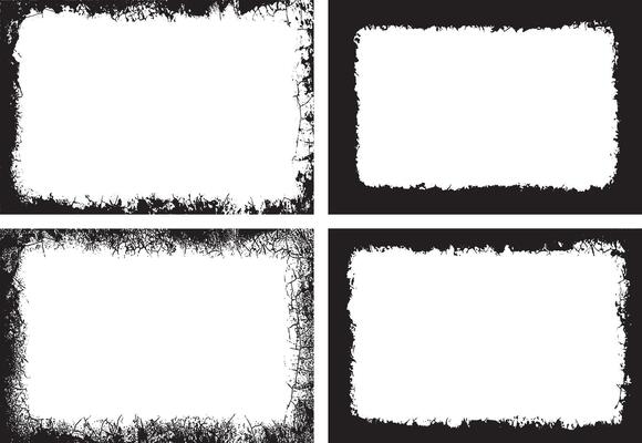 Black And White Distressed Grunge Frames Bundle, Featuring Four Unique Rectangular Frames with Rough, Jagged Black Borders and Textured Patterns for Artistic and Edgy Visual Displays