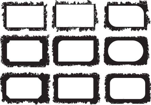 Artistic Collection of Nine Unique Grunge-Style Photo Frames Distressed Borders with Various Shapes Including Rectangles with Rounded, Beveled, Notched Corners,