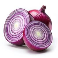 Two halves and one whole red onion displayed against a white background. photo