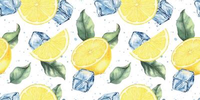 Lemon slices, leaves, ice cubes and blue spots. Dynamic cold liquid with citrus fruits. Hand drawn watercolor Surface pattern design. Seamless Background for menu, package, cosmetic, textile vector