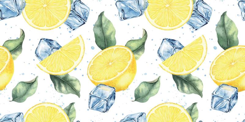 Lemon slices, leaves, ice cubes and blue spots. Dynamic cold liquid with citrus fruits. Hand drawn watercolor Surface pattern design. Seamless Background for menu, package, cosmetic, textile