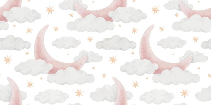 Pink Crescent moon, Clouds and stars. Watercolor nursery seamless surface pattern design. Cute baby background for kid's goods, clothes, textile, bed linen, baby shower, wallpaper and children's room