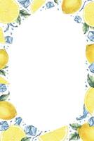 Lemon fruits, slices, ice cubes, splashes and leaves. Dynamic liquid water with citrus fruits. Isolated hand drawn watercolor frame. Template for menu, package, cosmetic, textile, cards vector