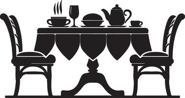 a black and white illustration of a table and chairs vector