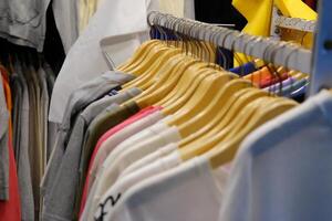 Thrifting's vibrant collection of sweaters, shirts, hoodies, trousers and knitted t-shirts are elegantly displayed on wooden hangers, featuring a variety of colors and textures. photo