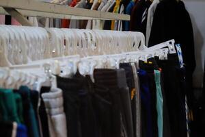Thrifting's vibrant collection of sweaters, shirts, hoodies, trousers and knitted t-shirts are elegantly displayed on wooden hangers, featuring a variety of colors and textures. photo