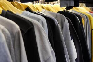 Thrifting's vibrant collection of sweaters, shirts, hoodies, trousers and knitted t-shirts are elegantly displayed on wooden hangers, featuring a variety of colors and textures. photo