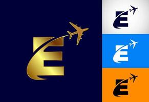 Alphabet E with airplane. Travel icon. Aviation logo sign, Flying symbol. Flight icon in multiple color variation vector