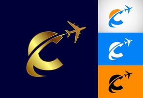 Alphabet C with airplane. Travel icon. Aviation logo sign, Flying symbol. Flight icon in multiple color variation vector