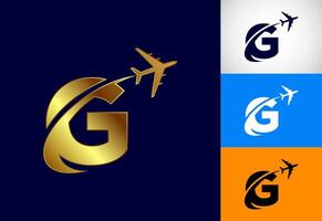 Alphabet G with airplane. Travel icon. Aviation logo sign, Flying symbol. Flight icon in multiple color variation vector