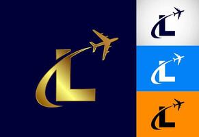 Alphabet L with airplane. Travel icon. Aviation logo sign, Flying symbol. Flight icon in multiple color variation vector