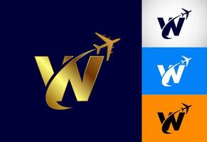 Alphabet W with airplane. Travel icon. Aviation logo sign, Flying symbol. Flight icon in multiple color variation vector