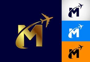 Alphabet M with airplane. Travel icon. Aviation logo sign, Flying symbol. Flight icon in multiple color variation vector