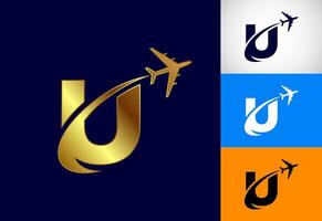 Alphabet U with airplane. Travel icon. Aviation logo sign, Flying symbol. Flight icon in multiple color variation vector