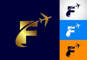 Alphabet F with airplane. Travel icon. Aviation logo sign, Flying symbol. Flight icon in multiple color variation vector