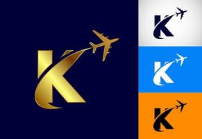 Alphabet K with airplane. Travel icon. Aviation logo sign, Flying symbol. Flight icon in multiple color variation vector