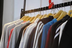 Thrifting's vibrant collection of sweaters, shirts, hoodies, trousers and knitted t-shirts are elegantly displayed on wooden hangers, featuring a variety of colors and textures. photo