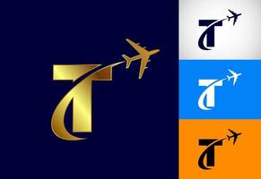 Alphabet T with airplane. Travel icon. Aviation logo sign, Flying symbol. Flight icon in multiple color variation vector