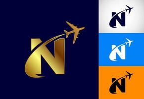 Alphabet N with airplane. Travel icon. Aviation logo sign, Flying symbol. Flight icon in multiple color variation vector