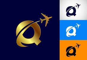 Alphabet Q with airplane. Travel icon. Aviation logo sign, Flying symbol. Flight icon in multiple color variation vector
