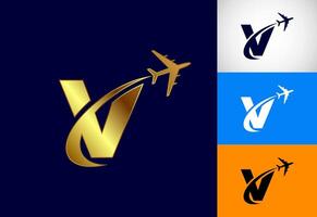 Alphabet V with airplane. Travel icon. Aviation logo sign, Flying symbol. Flight icon in multiple color variation vector