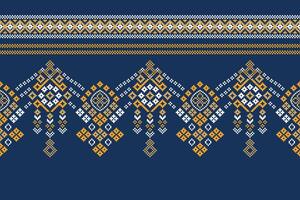 Cross stitch motif ethnic pattern blue color background wallpaper pixel art. vector