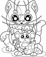 cute little kitten hunting a mouse, coloring book vector