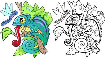 Funny chameleon and dragonfly, coloring book vector