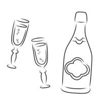 Set of champagne bottle and pair glass outline silhouette vector