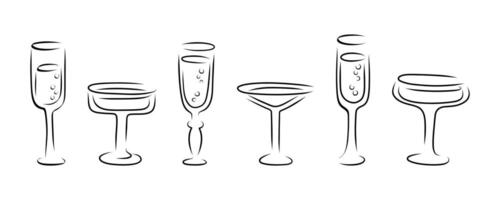 Set of glasses of different shapes outline silhouette. vector