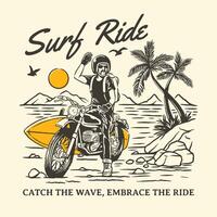 Vintage-inspired poster featuring a motorcyclist with a surfboard on a tropical beach backdrop, accompanied by palm trees, mountains, and a setting sun, ideal for motorcycle and surfing enthusiasts. vector