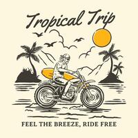 Vintage-themed logo and poster featuring a motorcyclist with a surfboard riding through a tropical beach scene with palm trees, a setting sun, and birds vector