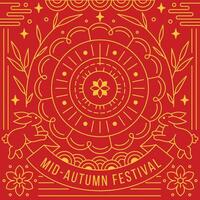 Mid-Autumn Festival greeting card featuring intricate Chinese patterns, rabbits, and floral motifs in a vibrant red and gold color palette, perfect for festive decorations, posters, and invitations. vector