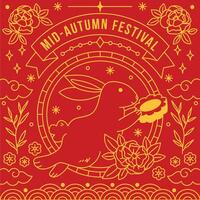 Mid-Autumn Festival greeting card design featuring a rabbit holding a mooncake, surrounded by traditional Chinese patterns, floral motifs, and a vibrant red and gold palette. vector