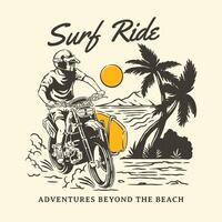Retro-inspired logo and poster featuring a motorcyclist riding along a tropical beach with a surfboard, palm trees, a setting sun, and a coastal landscape vector