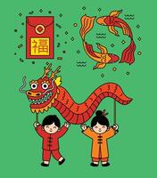 A collection of playful Chinese New Year icons featuring lion dances, lucky cats, koi fish, red envelopes, and traditional elements, ideal for festive designs and decorations. vector