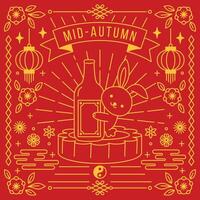 Mid-Autumn Festival poster featuring a cheerful rabbit holding a bottle, surrounded by traditional Chinese lanterns, floral motifs, and a red and gold decorative design vector