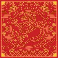 Mid-Autumn Festival poster featuring a traditional Chinese dragon in a red and gold design, surrounded by intricate floral patterns, clouds, and festive elements vector