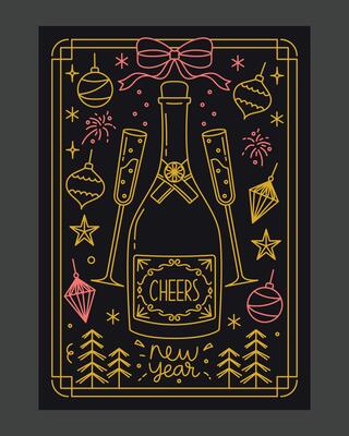 Stylish New Year poster featuring champagne bottle, glasses, festive decorations, and neon-style line art for celebrations and greeting cards.