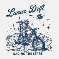 Retro-style logo design featuring an astronaut riding a vintage motorcycle on a lunar surface vector