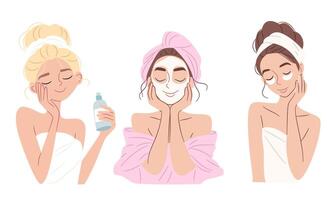 A set of flat illustrations in a simple style. Woman dressed in towel are engaged in cosmetic procedures, face masks and patches. Self-care and self-love concept vector